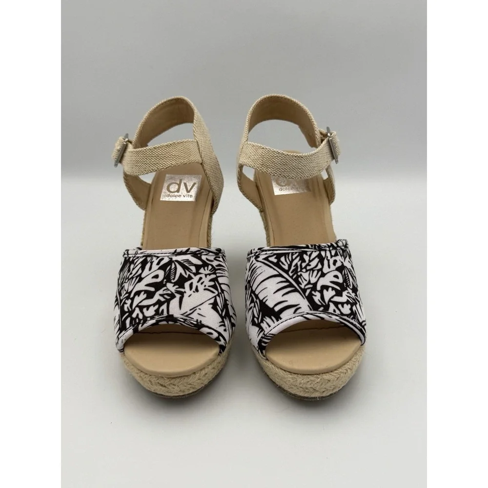 DV Dolce Vita Black White Tropical Espadrille Wedge Sandals Ankle Strap Sz 6